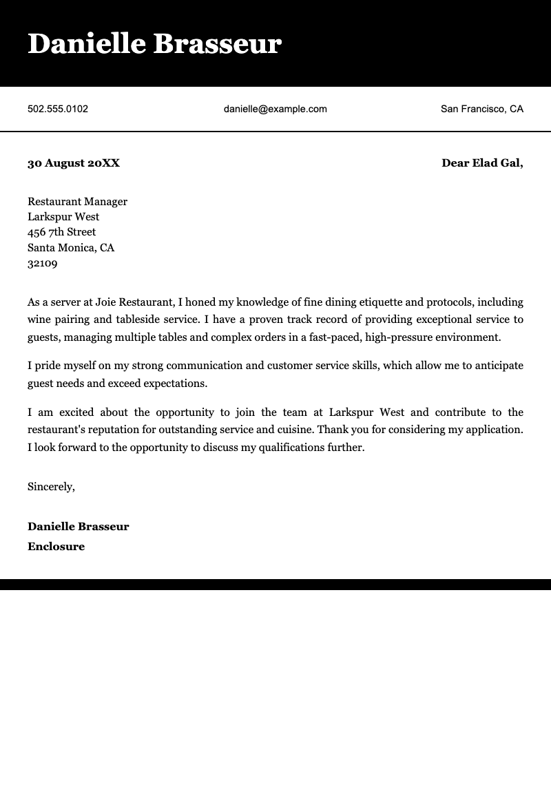 Simple cover letter - Elegant black-header cover letter template for hospitality professionals seeking server or restaurant roles.